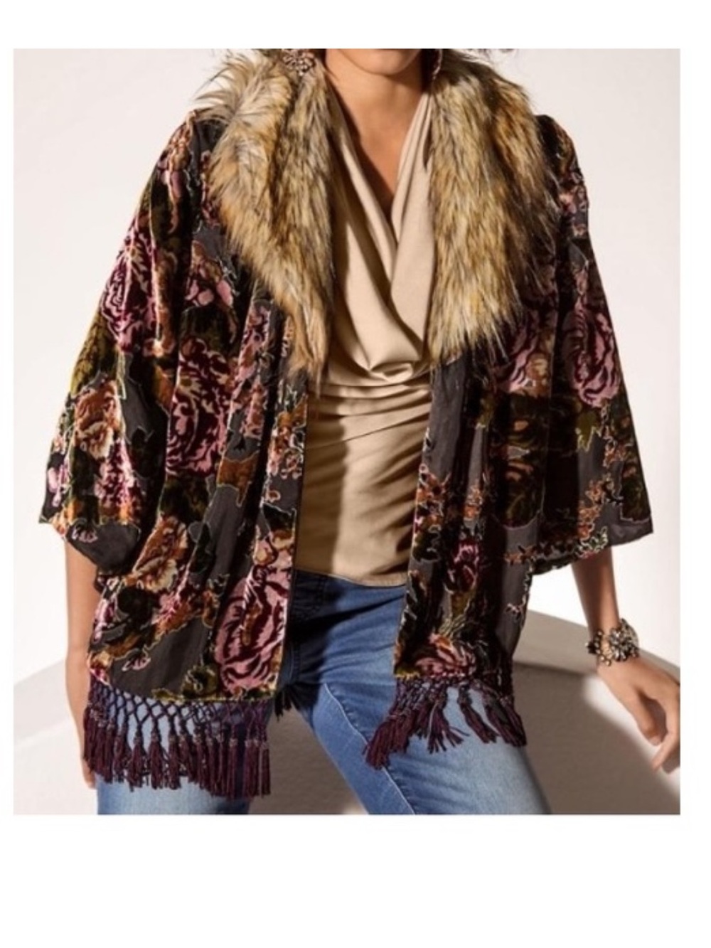 Boston Proper Velvet Floral Faux Fur Collar Fringe Kimono Cardigan Sz XL